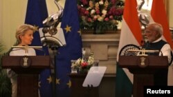European Commission President Ursula von der Leyen speaks during a joint press statement with India's Prime Minister Narendra Modi at the Hyderabad House in New Delhi, Feb. 28, 2025.