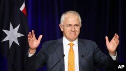 FILE - Australian Prime Minister Malcolm Turnbull addresses party supporters during a rally in Sydney, July 3, 2016.