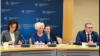 Baltic parliamentary speakers speak to reporters at the Embassy of Lithuania, Jan. 31, 2024. From left, Lithuania's Viktorija Cmilyte-Nielsen, Latvia's Daiga Mieriņa, and Estonia's Lauri Hussar.