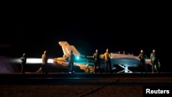 FILE - A fighter jet launches from the U.S. Navy aircraft carrier USS Dwight D. Eisenhower during a strike against Houthi military targets in Yemen, Feb. 3, 2024. (U.S. Navy/Mass Communication Specialist 2nd Class Jorge LeBaron/Handout via Reuters) 