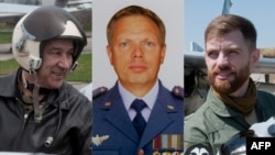 FILE - Ukrainian pilot Vyacheslav Minka, Sergiy Prokazin and Andrii Pilshchykov,, who were killed in a mid-air collision on Aug. 25, 2023 in the Zhytomyr region. (Photo by Handout / The 40th Tactical Aviation Brigade /AFP)