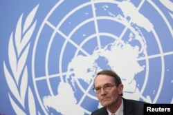 FILE - Erik Mose, chair of the Independent International Commission of Inquiry on Ukraine, attends a news conference after his address to the Human Rights Council at the United Nations in Geneva, Switzerland, Sept. 23, 2022.