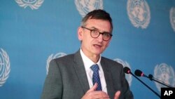 FILE - Volker Perthes, the U.N. special envoy to Sudan, speaks during a conference in Khartoum, Sudan, Jan. 10, 2022. 