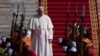 Pope Francis attends a welcome ceremony, Sept. 2, 2023, in front of the Saaral Ordon Government Building in Sukhbaatar Square in Ulaanbaatar, Mongolia.