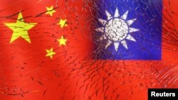 Chinese and Taiwanese flags are seen through broken glass in this illustration taken, April 11, 2023. REUTERS/Dado Ruvic/Illustration/file photo Acquire Licensing Rights