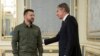 Ukraine's President Volodymyr Zelenskyy greets U.S. Secretary of State Antony Blinken before their meeting at the Presidential Office in Kyiv, Sept. 6, 2023. 