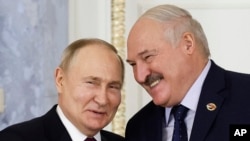 Рускиот претседател Владимир Путин и претседателот на Белорусија Александар Лукашенко се ракуваат во Санкт Петербург, Русија, 29 јануари 2024 година (Фото: АП)