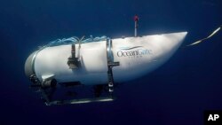 FILE - This photo provided by OceanGate Expeditions shows a submersible vessel named Titan used to visit the wreckage site of the Titanic.
