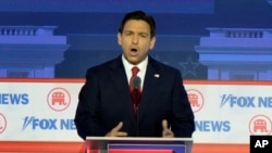 Republican presidential candidate Florida Gov. Ron DeSantis speaks during a Republican presidential primary debate hosted by FOX News Channel, Aug. 23, 2023, in Milwaukee.