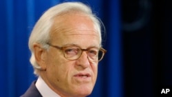 FILE - Martin S. Indyk speaks at the US State Department, July 29, 2013, in Washington.