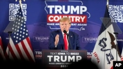 FILE - Former President Donald Trump speaks at a campaign rally at Terrace View Event Center in Sioux Center, Iowa, Jan. 5, 2024.