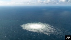 A large disturbance in the sea can be observed off the coast of the Danish island of Bornholm, Sept. 27, 2022.