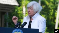 U.S. Treasury Secretary Janet Yellen speaks during a news conference in Nusa Dua, Bali, Indonesia, July 14, 2022. Top financial officials of the Group of 20 industrial nations are gathering in Bali for meetings that begin Friday. 