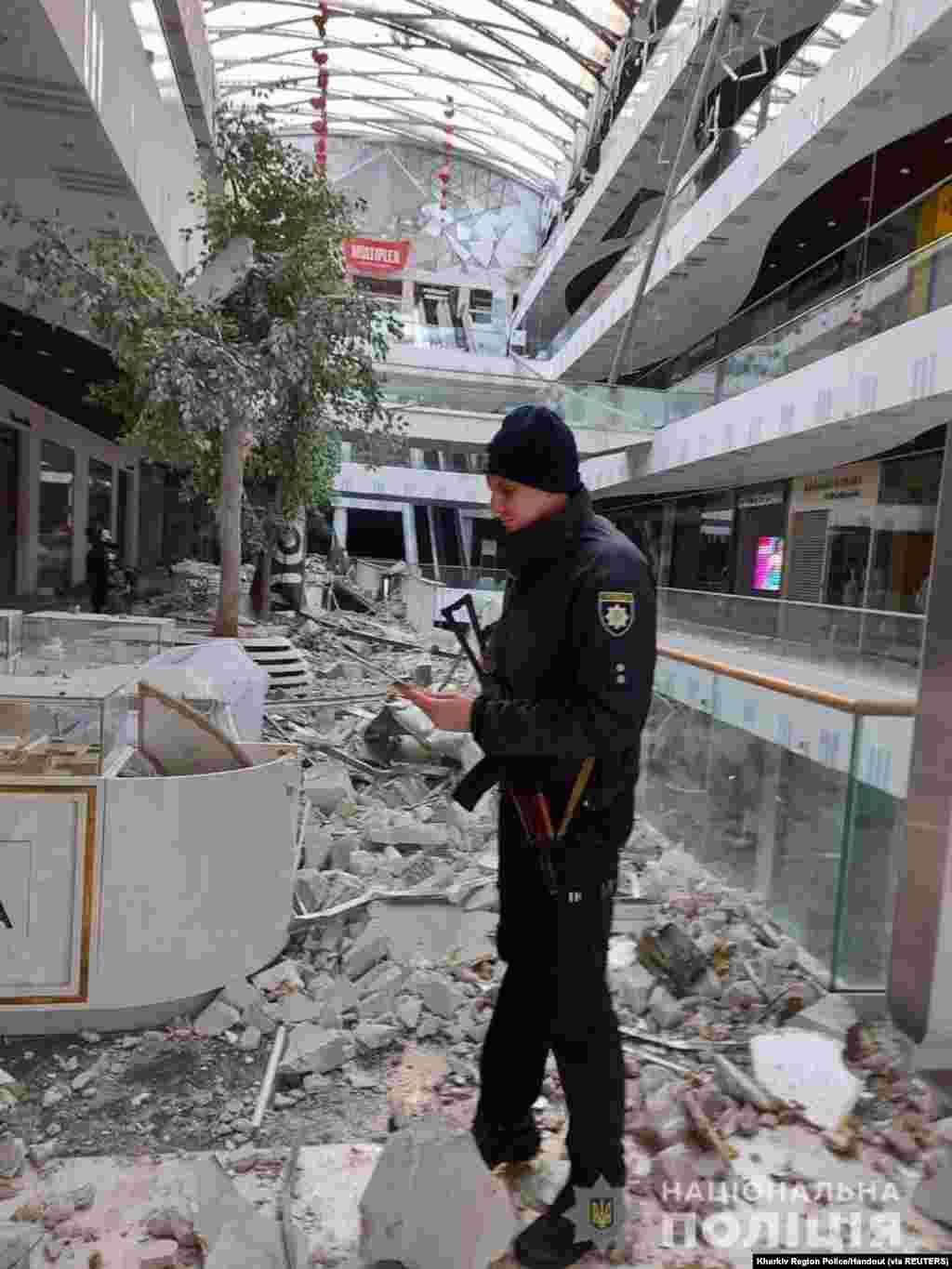 The shopping mall "Nikolsky" is seen destroyed in the aftermath of shelling amid the Russian invasion of Ukraine, in Kharkiv, in this picture uploaded on social media, March 10, 2022.