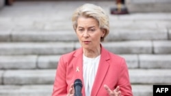 European Commission President Ursula von der Leyen speaks in Dublin on Dec. 1, 2022. "Russia must pay for its horrific crimes," she said, laying out arguments to establish a United Nations-backed court to examine Russian aggression in Ukraine. 