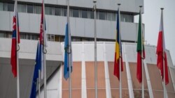 法国东部斯特拉斯堡欧洲委员会总部外，在俄罗斯国旗被移除后，其中一个旗杆没有了旗帜。(2022年3月16日)