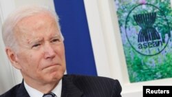 U.S. President Joe Biden participates virtually with the ASEAN summit from an auditorium at the White House in Washington, U.S. October 26, 2021.