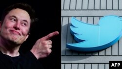 (COMBO) CEO Tesla Elon Musk di Hawthorne, California, 14 Maret 2019 (kiri), Logo Twitter di luar kantor pusat mereka di San Francisco, California, 28 Oktober 2022. (Foto: Frederic J. BROWN dan Constanza HEVIA/AFP)
