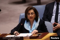Sima Bahous, Executive Director of U.N. Women, speaks during the United Nations Security Council meeting, at the United Nations Headquarters in Manhattan, New York City, New York, April 11, 2022.