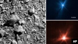 This combination of images provided by NASA shows three different views of the DART spacecraft impact on the asteroid Dimorphos on Sept. 26, 2022.