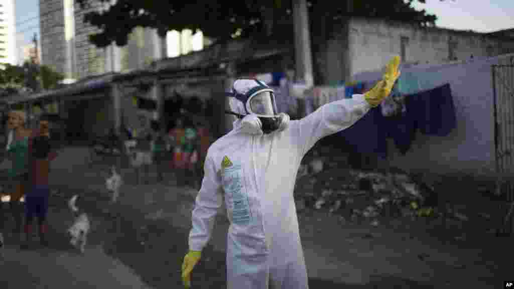 Des employés municipaux lors d&#39;une opération de lutte contre les moustiques Aedes aegypti qui transmet le virus Zika à Recife, Pernambuco, au Brésil, 26 janvier 2016