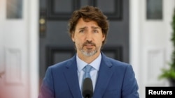 Perdana Menteri Kanada Justin Trudeau menghadiri konferensi pers di Ottawa, 13 Juli 2020.