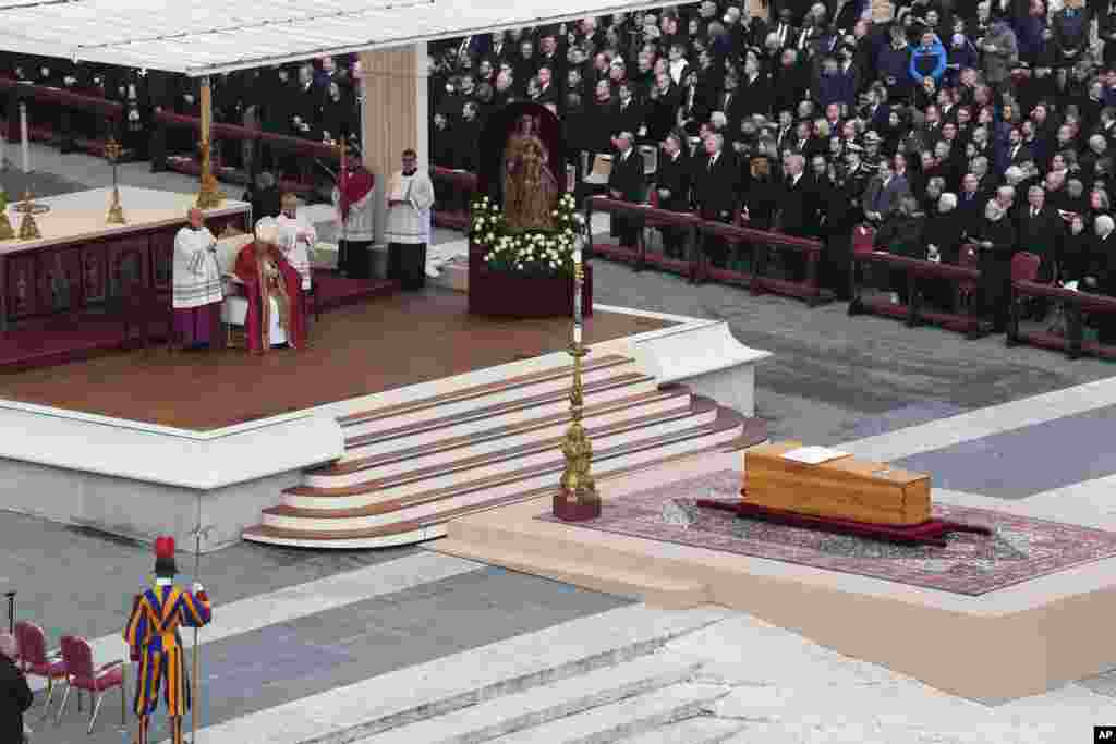 Pope Francis leads a funeral mass of late Pope Emeritus Benedict XVI in St. Peter's Square at the Vatican, Jan. 5, 2023.