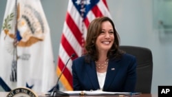 Wakil Presiden AS Kamala Harris tersenyum saat berdiskusi dengan sejumlah tokoh pemuka agama di Los Angeles, pada 6 Juni 2022. (Foto: AP/Jae C. Hong)