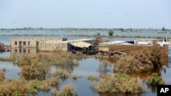 Homes are surrounded by floodwaters in Qambar Shahdadkot district of Sindh province, Pakistan, Sep. 2, 2022. Planes carrying supplies are surging across a humanitarian air bridge to flood-ravaged Pakistan as the death toll surged past 1,200, officials said Friday.