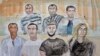 In this courtroom sketch by Elisabeth de Pourquery, suspects sit in court on the first day of the Nice attack trial in Paris, Sept. 5, 2022. 