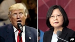 FILE - This combination of two photos shows U.S. President-elect Donald Trump speaking during a "USA Thank You" tour event in Cincinatti, Dec. 1, 2016, and Taiwan's President Tsai Ing-wen, delivering a speech during National Day celebrations in Taipei, Taiwan, Oct. 10, 2016. 