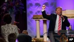 Republican presidential candidate Donald Trump speaks during a service at Great Faith Ministries International in Detroit, Sept. 3, 2016.