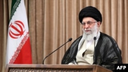 A handout picture provided by the office of Iran's Supreme Leader Ayatollah Ali Khamenei on May 2, 2021 shows him giving a live televised speech in Tehran. (AFP photo / HO / Khamenei.IR)