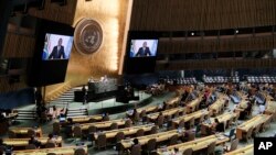 President of South Africa Cyril Ramaphosa speaks via video link during the 76th Session of the U.N. General Assembly at United Nations headquarters in New York, Sept. 23, 2021. (Spencer Platt/Pool Photo via AP)
