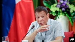 In this photo provided by the Malacanang Presidential Photographers Division, Philippine President Rodrigo Duterte talks at the Malacanang presidential palace in Manila, Philippines, Monday, Sept. 7, 2020. (Karl Norman Alonzo/Malacanang Presidential Photo