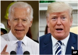 Mantan Wakil Presiden Joe Biden berbicara di Collier, Pa., 6 Maret 2018, dan Presiden Donald Trump berbicara di Kantor Oval Gedung Putih di Washington, 20 Maret 2018. (Foto: AP)