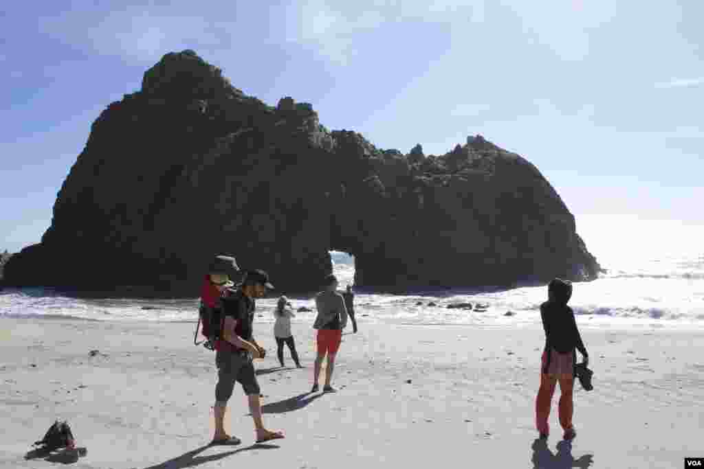Qidirib topish juda qiyin, o'rmonzor orasida joylashgan Pfayfer plyaji. Big Sur rayoni, Kaliforniya shtati.