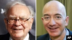 Combination of photos shows Warren Buffett on Sept. 19, 2017, in New York, and Jeff Bezos, CEO of Amazon.com, on Sept. 24, 2013, in Seattle. 