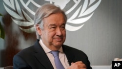 FILE - United Nations Secretary-General Antonio Guterres is seen during an interview, at U.N. headquarters in New York, Oct. 21, 2020.