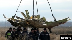 A crane transports a piece of Malaysia Airlines flight MH17 wreckage at the crash site in eastern Ukraine's Donetsk region, Nov. 20, 2014.