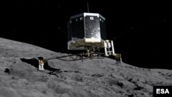 FILE - This still image from animation shows Philae separating from Rosetta and descending to the surface of comet 67P/Churyumov-Gerasimenko, Nov. 2014.