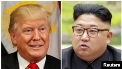 A combination photo shows President Donald Trump in New York, Sept. 21, 2017 and North Korean leader Kim Jong Un in this undated photo released by North Korea's Korean Central News Agency in Pyongyang, Sept. 4, 2017. 