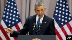 Presiden AS Barack Obama berbicara mengenai persetujuan nuklir dengan Iran di American University in Washington, Aug. 5, 2015.