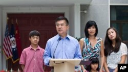 U.S. Ambassador to China Gary Locke speaks during a news conference in the courtyard of his residence in Beijing, China, Aug. 14, 2011.