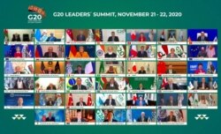 This photo provided by the G-20 Riyadh Summit shows Saudi King Salman, center, and other world leaders during a virtual summit hosted by Saudi Arabia and held via videoconference amid the COVID-19 pandemic, in Riyadh, Saudi Arabia, Nov. 21, 2020.
