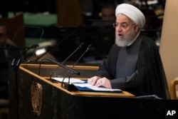 Iranian President Hassan Rouhani addresses the 73rd session of the United Nations General Assembly, Sept. 25, 2018, at U.N. headquarters.