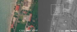 FILE - Before and after: Satellite imagery shows the Rigid-Hulled Inflatable Boat Maintenance Facility at Ream naval base was still standing on October 1, 2020 but had been completely dismantled by November 4. (Courtesy of CSIS Asia Maritime Transparency Initiative)