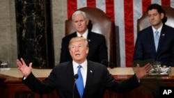 Presiden Amerika Serikat Donald Trump menyampaikan Pidato Kenegaraan (State of The Union) di hadapan para anggota Kongres Amerika di Gedung Capitoll, Washington DC, Selasa, 30 Januari 2018.