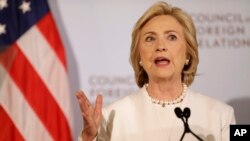 FILE - Democratic presidential candidate Hillary Clinton speaks at the Council on Foreign Relations in New York.