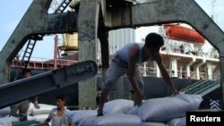 북한 남포항에서 세계식량계획(WFP)을 통해 지원된 식량을 하역하고 있다.